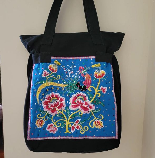 Sacos de noite Grande Bolsa Feminina Boêmia Bordada Lantejoulas Artesanal Preto Lona Ombro Vintage Floral Totes Verão