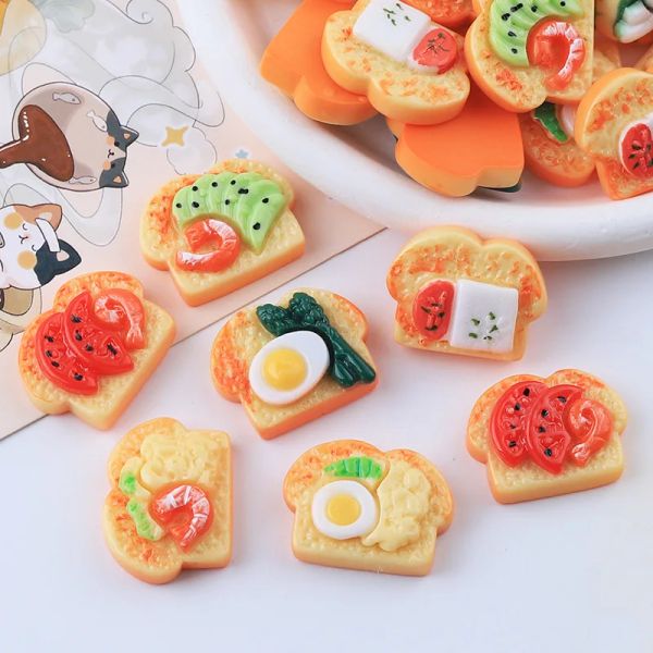 Miniaturas 100 kawaii simulação torrada frutas ovo pão flatback resina cabochão comida falsa scrapbooking artesanato diy acessórios de cabelo decoração