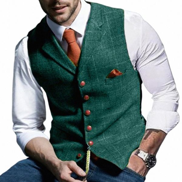 Masculino casual clássico terno colete v pescoço herringbe tweed fino ajuste busin colete para casamento masculino lapela xadrez colete f6rQ #