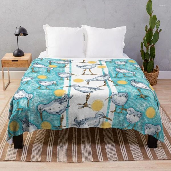 Coperte Modello Sunny Sandpipers |Coperta da tiro blu spiaggia con strisce, copriletto, grande, morbida, retrò