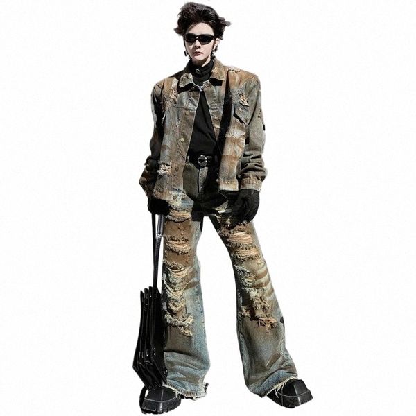 pfnw рваные мужские джинсовые комплекты с лацканами в стиле пэчворк, мужские короткие пальто, индивидуальность, контрастные цвета, мужские брюки с кисточками 9C4157 47fx#