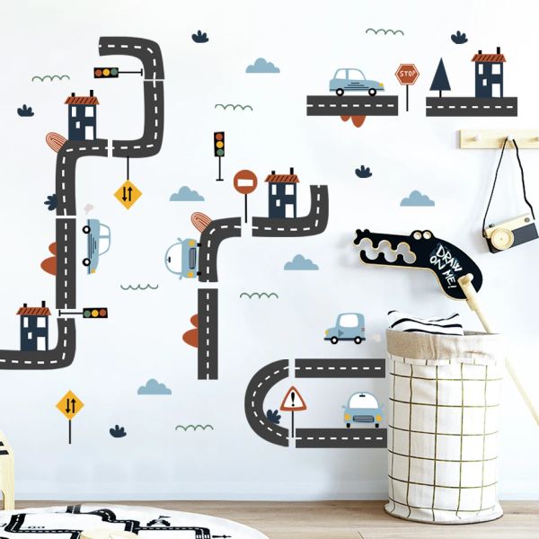 Adesivi Cartoon Transport Road Cloud Sign Decalcomanie da muro per la scuola materna Adesivi murali in vinile rimovibili fai-da-te Bambini Baby Boy Room Interior Home Decor