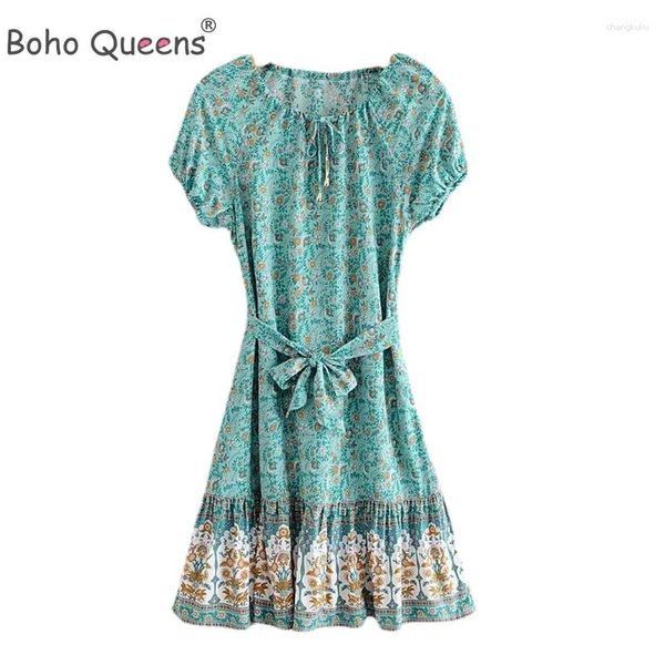 Vestidos de festa boho rainhas mulheres férias floral impressão com decote em v casual boêmio mini vestido verão senhoras manga curta faixas vestidos