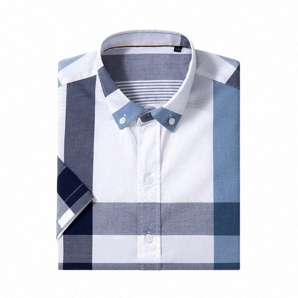 Camisa de verão masculina Cott cor sólida listra xadrez camisa masculina manga curta casual encaixe oxford camisas de manga curta para homens causal v9O5 #
