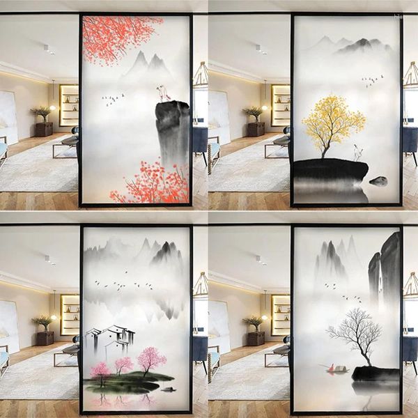 Adesivos de janela Filme artístico chinês pintura de paisagem opaco estático adere sem cola decoração adesivo de vidro proteção de privacidade