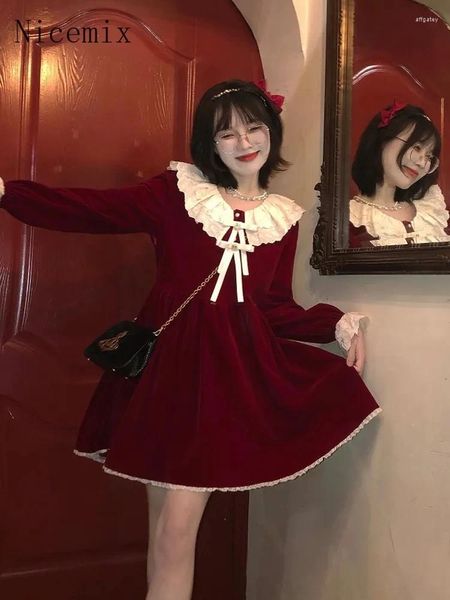 Lässige Kleider Puppenhals Spitze Schleife Samt Langarm Süßes Prinzessinnenkleid für Frauen Herbst/Winter Japanischer Lolita-Stil A-Linie