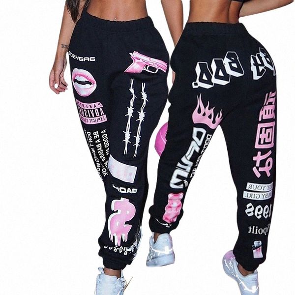 Frauen FI Elastische Taille Sport Casual Harem Hosen Femme Jogger Hosen Gedruckt Jogginghose V6VX #