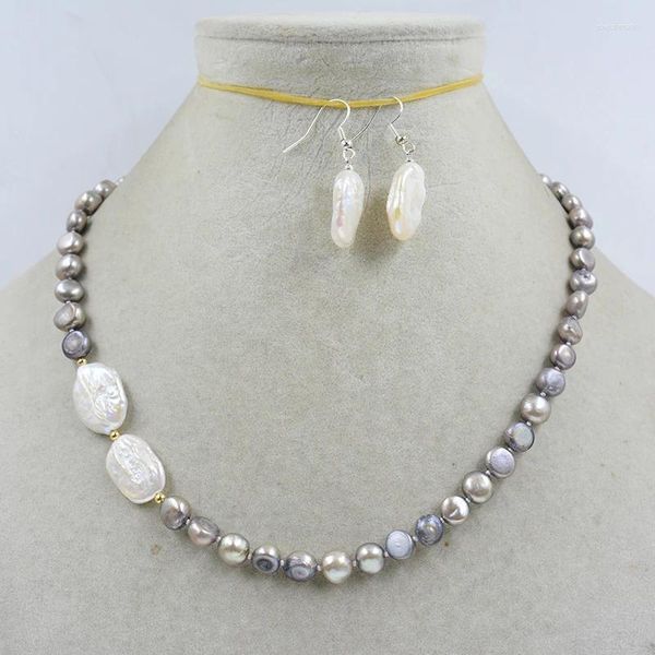 Set di orecchini e collana Set di orecchini di perle barocche grigie naturali da 8 mm.Gioielli classici da festa per donna 18 