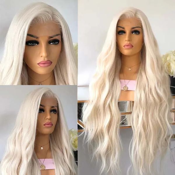 AIMEYA Platinblonde Lace-Front-Perücken für Damen, langes, natürliches Wellen-Kunsthaar, klebstofffrei, hitzebeständiges Faserhaar, freier Teil, 240315