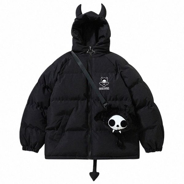 Mens Warm Down Jackets Trendy Little Devil acolchoado Parkas Horns Wing Tail Casaco com capuz Hip Hop Zipper Streetwear Unisex C7pb #