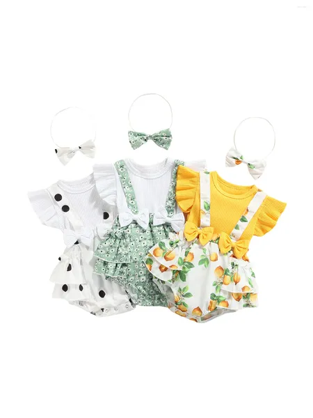 Set di abbigliamento 2 pezzi stile dolce neonate outfit per bambini estate floreale/limone/stampa a pois manica giuntura pagliaccetto fiocco copricapo set