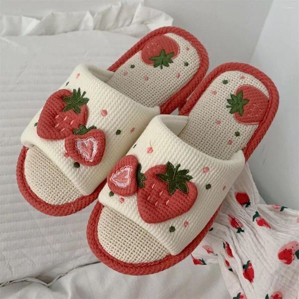 Hausschuhe Frühling Hause Leinen Baumwolle Frauen 2024 Sandalen Indoor Schuhe Non-slip Rutschen Damen Erdbeere Koreanischen Stil Frau Schuh