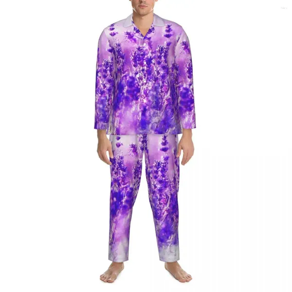 Startseite Kleidung Lavendelfelder Nachtwäsche Herbst schöne lila Blumen lose übergroße Pyjama-Sets männliche Langarm-Nacht-Grafik-Nachtwäsche