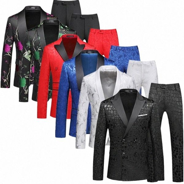 Jacquard tecido terno de duas peças festa de casamento dos homens Dr Jacket com calças vermelho azul branco preto Slim Fit Blazer e calças 6XL 81Ao #