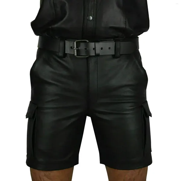Shorts masculinos pu couro carga preta slim fit calças curtas vintage punk motocicleta streetwear boate festa casual