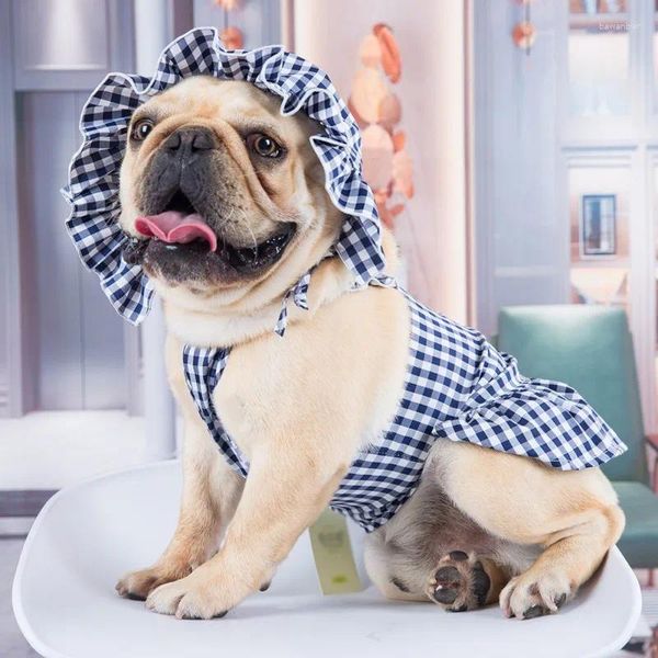 Vestuário de cachorro roupas casamento princesa vestido de algodão xadrez cintas saia com chapéu pet roupas de verão para suprimentos s/m
