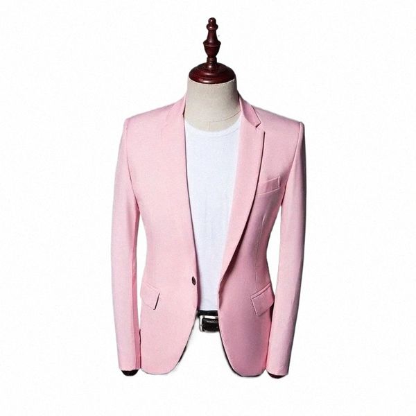 Homens magros Ternos Rosa Blazer Calças Pretas 2 Peça Único Breasted Notch Lapela Comprimento Regular Fi Jaqueta Slim Fit Prom Terno Y31o #