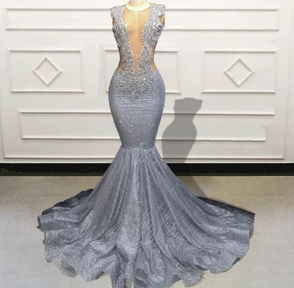 2024 Abiti lunghi da ballo di lusso Sirena sexy Sparkl Grigio Nero Ragazze Cristalli Abiti da sera convenzionali di gala Abiti da festa Robe De Soiree Vestido