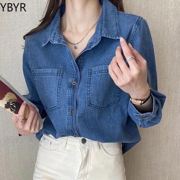 Женские блузки Lucyever, синяя джинсовая рубашка, женские осенние однобортные джинсы 2024 года, женские карманы, свободные модные ковбойские блузки с лацканами