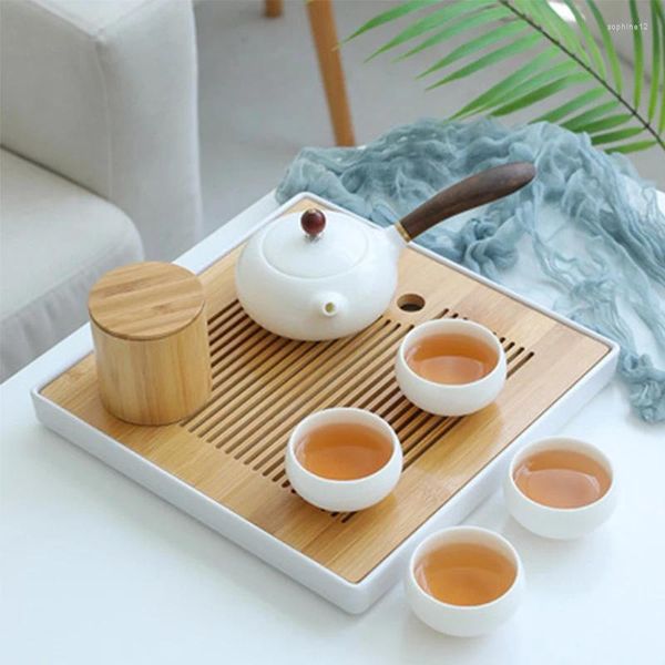 Conjuntos de chá dehua suet jade branco porcelana conjunto de chá artesanal bule teacup cerimônia chinesa presente cerâmica com alça de madeira