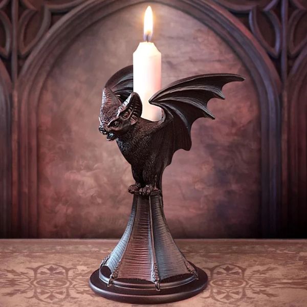 Skulpturen Retro Gothic Schwarzer Fledermaus Kerzenhalter Halloween Statue Schwarze Krähe Eule Kerzenhalter Home Decor Harz Skulptur Handwerk Ornament