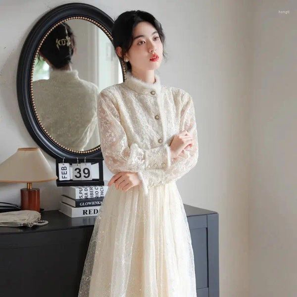 İş Elbiseleri 2024 Çin tarzı takım elbise Kadın Saç Dantel Geliştirilmiş Qipao Gömlek Top Mesh Nakış Seti Zarif İki Parça Kıyafet