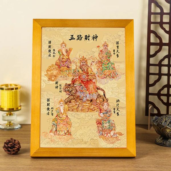 Esculturas deus da riqueza pendura fotos, cinco vias ornamentos de deus da riqueza, artesanato requintado pintura decorativa fengshui