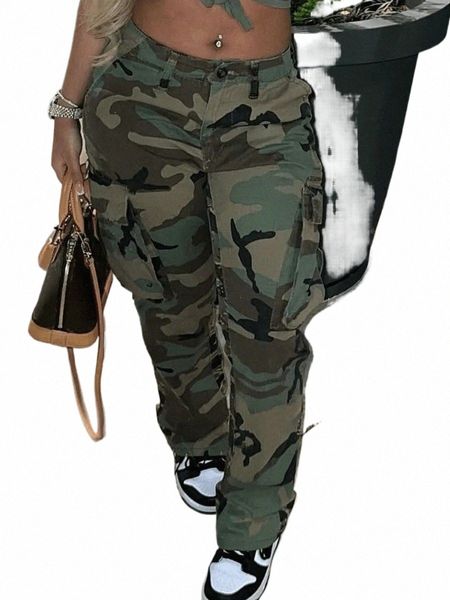 lw Plus Size Camo Imprimir Side Pocket Cargo Pants camoue Mid Cintura Casual mulheres Camo Pants Regular lazer senhora Calças i3Ly #