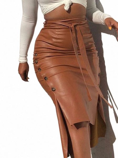 Mulheres na moda PU Couro Midi Saia Cor Sólida Cintura Alta Lace-up Side Butt Slim Skinny Lápis Saia para Senhoras Streetwear C1DT #