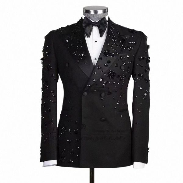 Formale Hochzeitsanzüge für Männer Fit Slim Schwarz Perlen Jacke Hosen 2 Stück Sets Männlich Fi Bräutigam Maßgeschneiderte Smoking Prom Party s8eY #