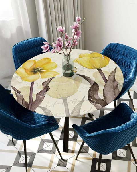 Toalha de mesa vintage flor borboleta estilo pastoral tulipa amarela toalha de mesa redonda capa elástica à prova d'água decoração de jantar