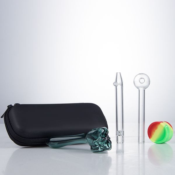 Healthy_Cigarette ZT004 Skull Spoon Smoking Pipe Bag Set Dab Rig Glass Pipe Silicon Jar Dabber Tool Zipper Case