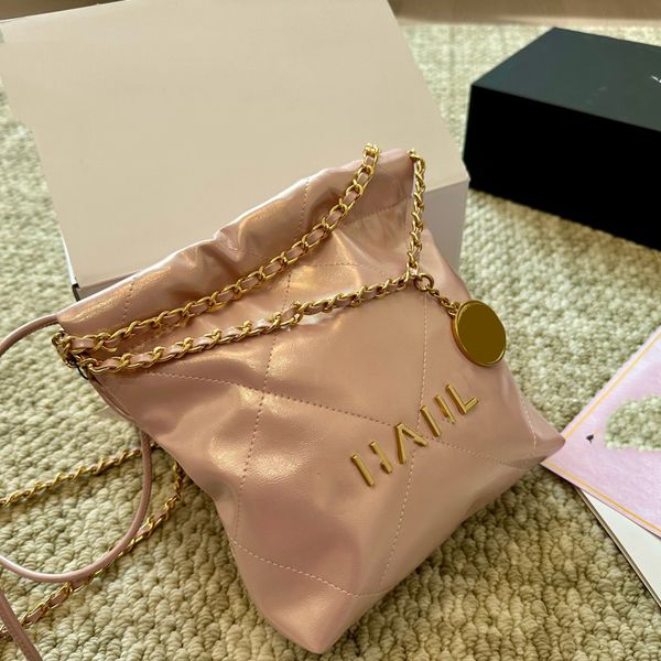 Womens Pink Iridescent Pearl Color Classic Mini 22 Bolsas de ombro de compras de óleo Shimmer Cera de cera Coin Gold/Silver Metal Hardware Matelasse Bolsas de corrente 18x20cm