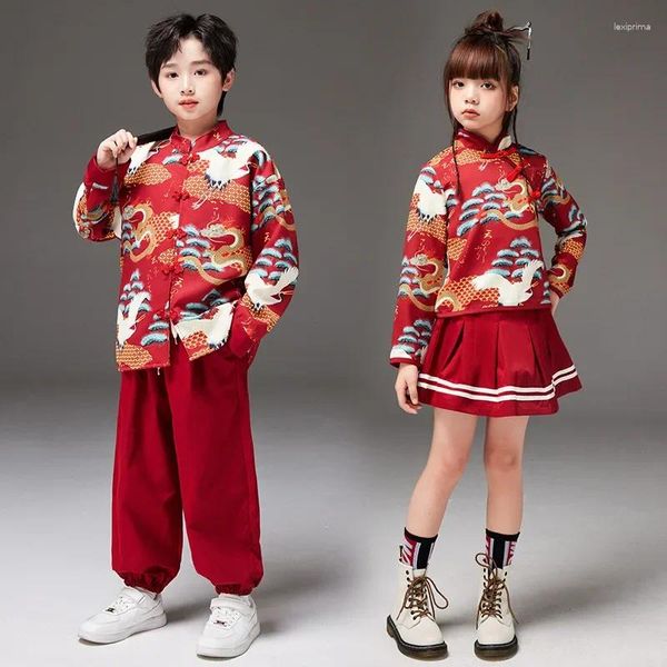 Roupas étnicas Meninas Hanfu Saia Curta Estilo Chinês Características Impressas Roupas Set Streetwear Dance Performance Wear Stage Outfit