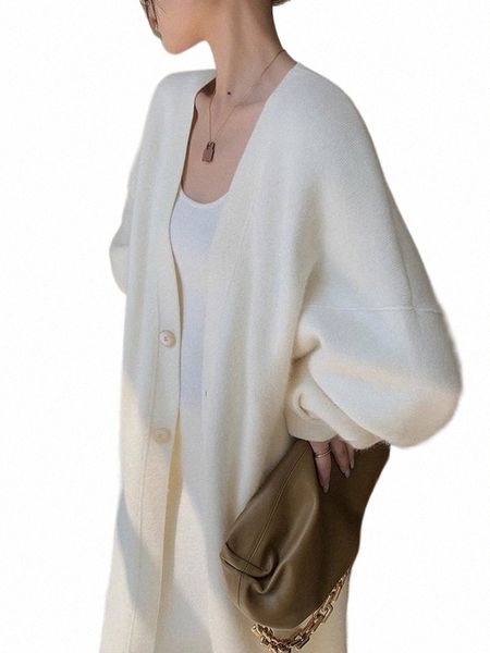 autunno bianco casual allentato scollo a V monopetto donna cardigan lavorato a maglia elegante manica intera punto aperto maglioni cappotti donna 950N #