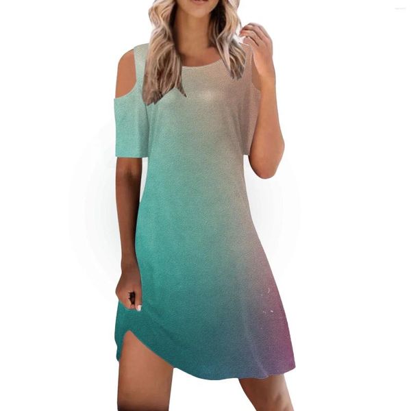 Vestidos casuais gradiente impresso para mulheres 2024 na moda verão manga curta em torno do pescoço praia fora do ombro vestido