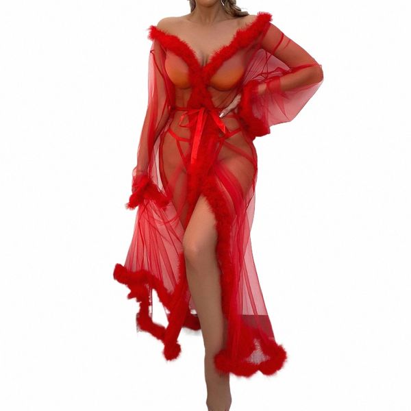Sexy Tulle Dring Gown femminile trasparente sexy Robe Femme Lg maniche negligees Camicie da notte da donna Lingerie di pizzo V0fi #