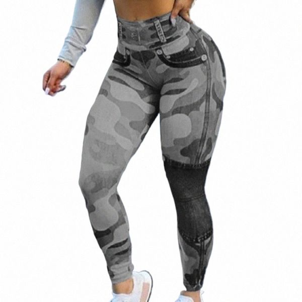 Donne a vita alta Faux Jeans Leggings Camoue Stampa Seaml Camo Skinny Yoga Pantaloni allenamento Donna Pantaloni pantales de mujer t7zh #