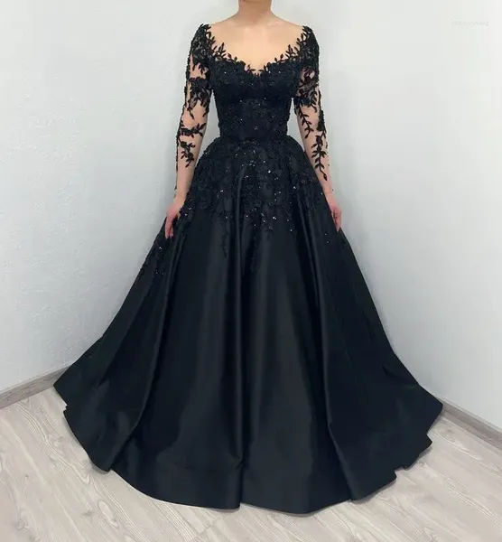 Partykleider, Schwarz, Abendkleid, lang, Satin, Spitze, Applikation, Perlen, glitzernd, volle Ärmel, elegantes Ballkleid, Damen-Abschlussballkleid, formelles Kleid