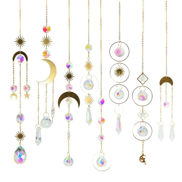 Suncatchers 4 pçs suncatcher pendurado cristal lua coletor pingentes sinos de vento arco-íris prisma janela gota sino árvore de natal decoração de casa