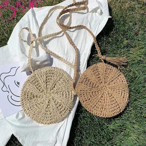 Saco gusure redondo feminino artesanal corda tecido rattan mensageiro sacos de palha circular senhora borla praia bolsas de malha ombro