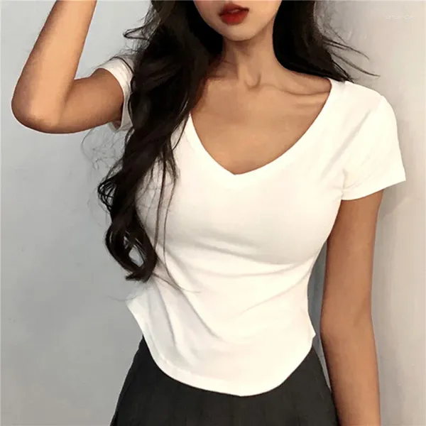 Женские футболки Y2k, однотонная базовая футболка, корейская универсальная базовая футболка-пуловер, летние сексуальные женские белые укороченные топы с v-образным вырезом и короткими рукавами