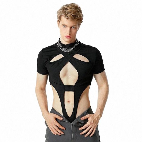 2023 Erkekler Bodysuits Katı balıkçıl Kısa Kollu İçi Boş UNISEX SHOPPERS SEXY Street Giyim Fi Bodysuits Tişörtler Incerun 7 O5QG#