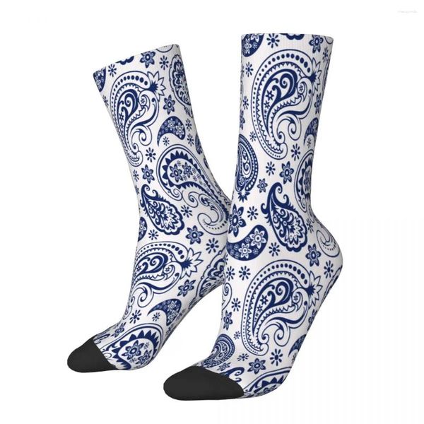 Meias masculinas azul e branco vintage paisley design estilo masculino homens mulheres outono meias impressas