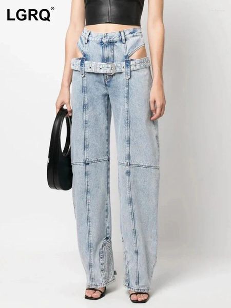 Jeans femininos emendamento cinto decorar design casual calças jeans high street wear oco para fora solto em linha reta moda 19z1889