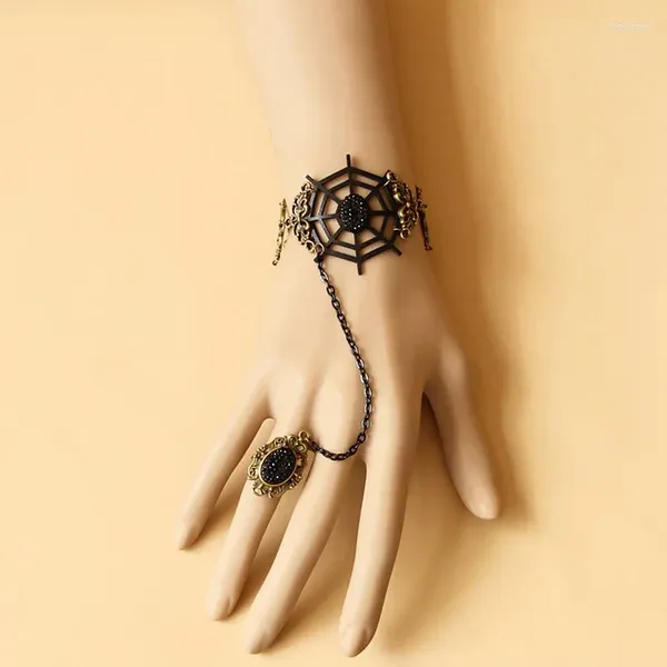 Halskette Ohrringe Set Damen Punk Gothic Handgemacht Stein PU Leder Ausschnitt Spinnennetz Blumen Armband Verstellbarer Ring Sklavenarmbänder