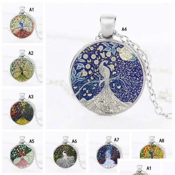 Colares de pingente New Beautif Peacock Pena Colar para Mulheres Cabochons Vidro Animal Correntes Moda Jóias Presente Gota Entrega Pend Dhbc9