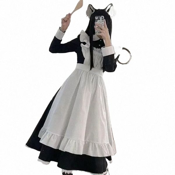 Classic Lolita Maid Dr da donna Ispirazione vintage Abiti da donna Cosplay Anime Girl Nero Lg Manica Dr S-3XL T60m #