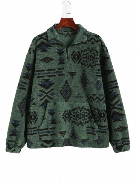 Ethnisches aztekisches Sherpa-Sweatshirt mit flauschigem Kragen und Vordertasche X9if#