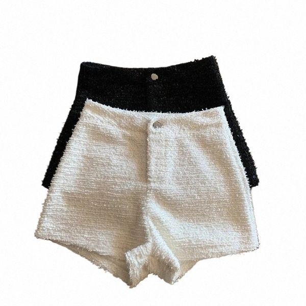 Mexzt Tweed Shorts Mulheres Elegantes Cintura Alta Perna Larga Shorts Office Lady Coreano Branco Preto Casual All Match Chic Calças Curtas Novo 59Xh #